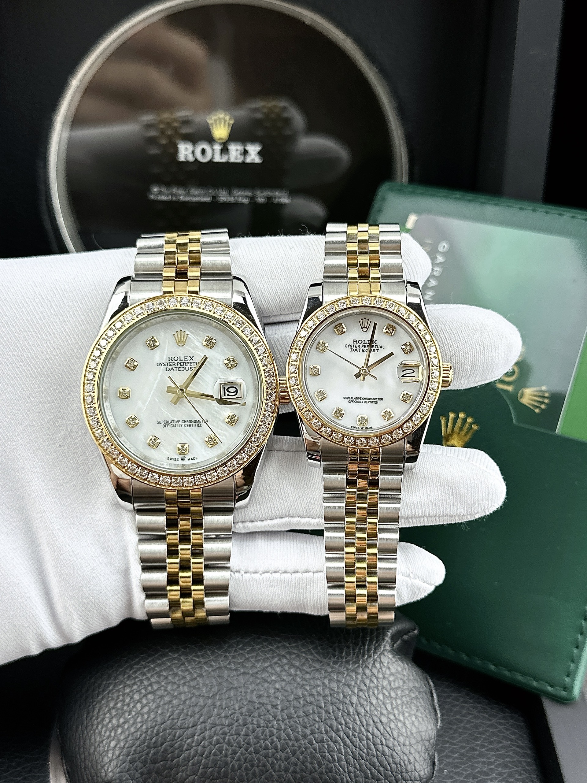 Đồng hồ cặp Rolex Datejust demi gold đính đá super fake 11 máy cơ 31/41mm