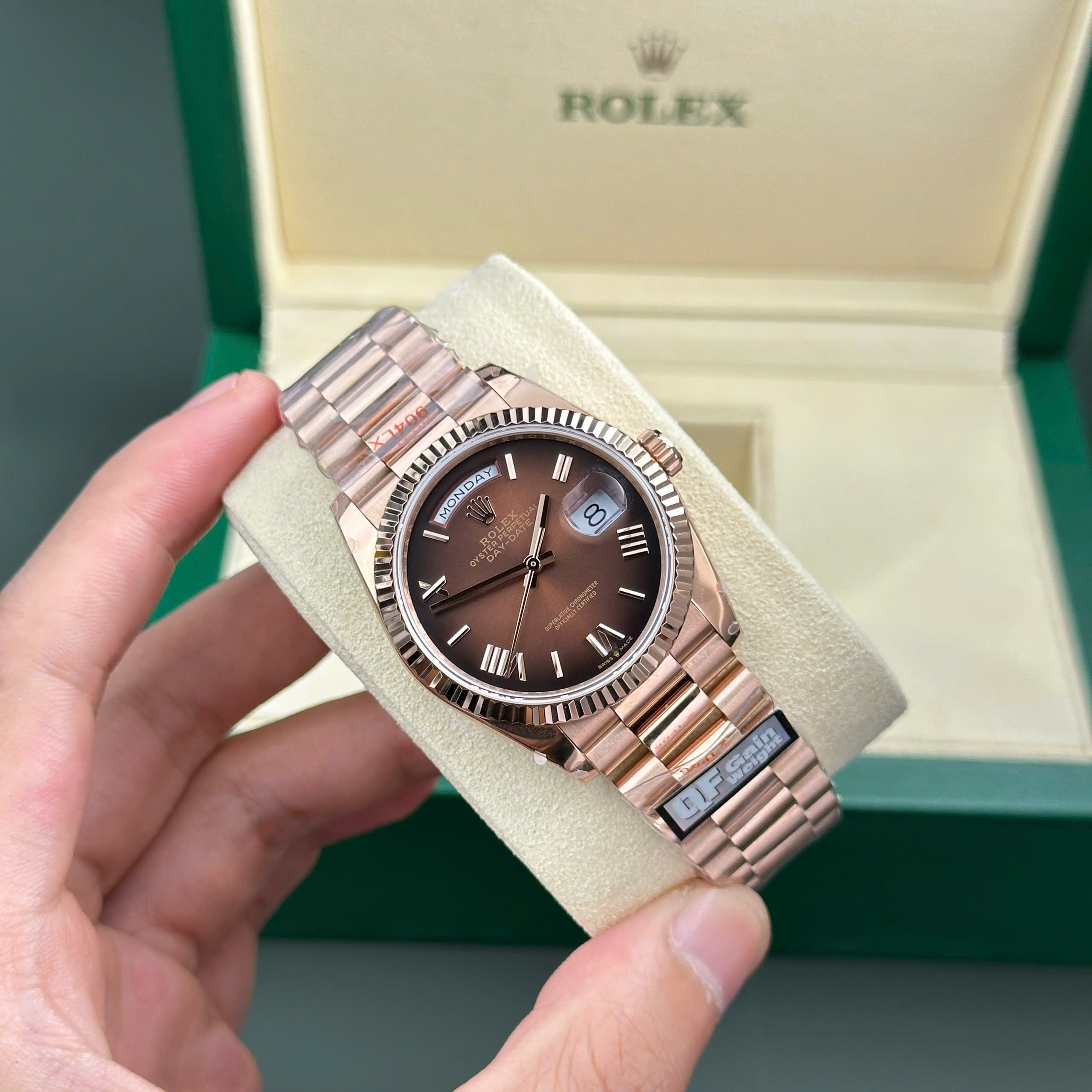 Đồng Hồ Rolex Day-Date 128235 Rep 11 mặt chocolate trọng lượng 158gram nhà máy QF 36mm