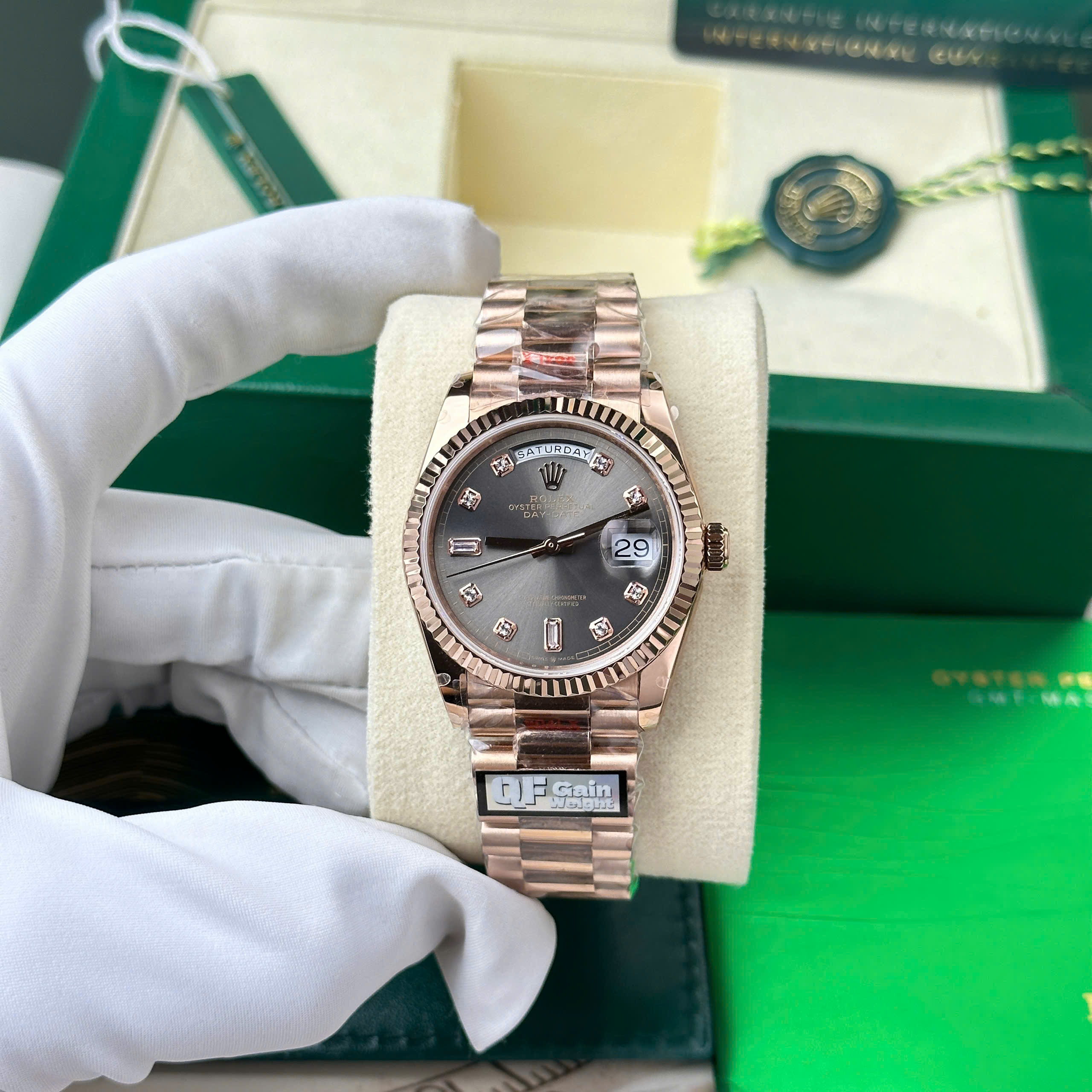 Đồng Hồ Rolex Day-Date 128235 Replica 11 mặt xám trọng lượng 158gram nhà máy QF 36mm