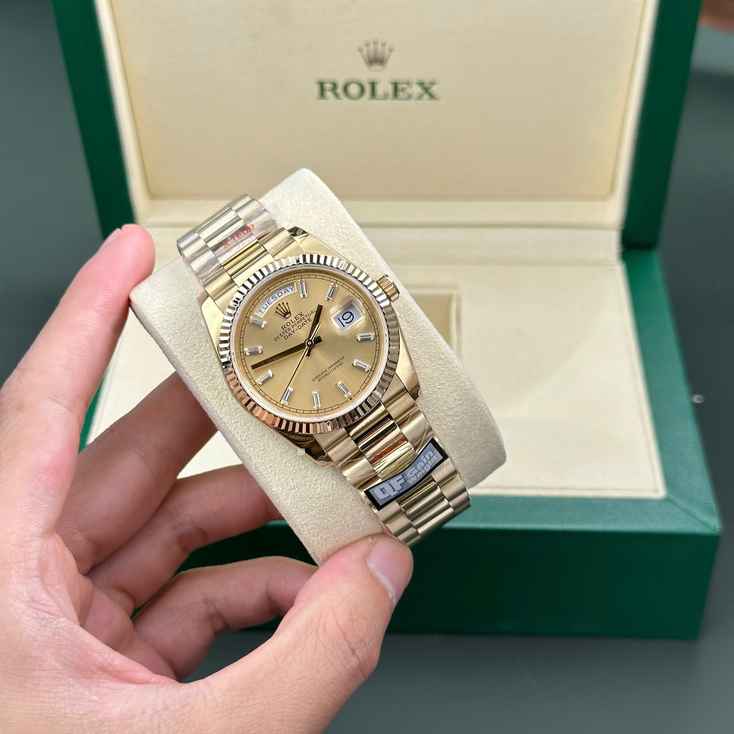 Đồng Hồ Rolex Day-Date 128238 mặt vàng champagne 158gram Rep 11 QF factory 36mm