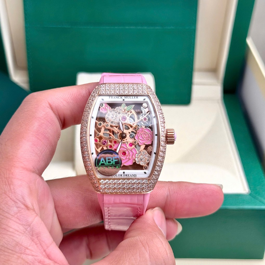Đồng hồ Franck Muller V32 nữ đính đá dây cao su màu hồng 36mm 