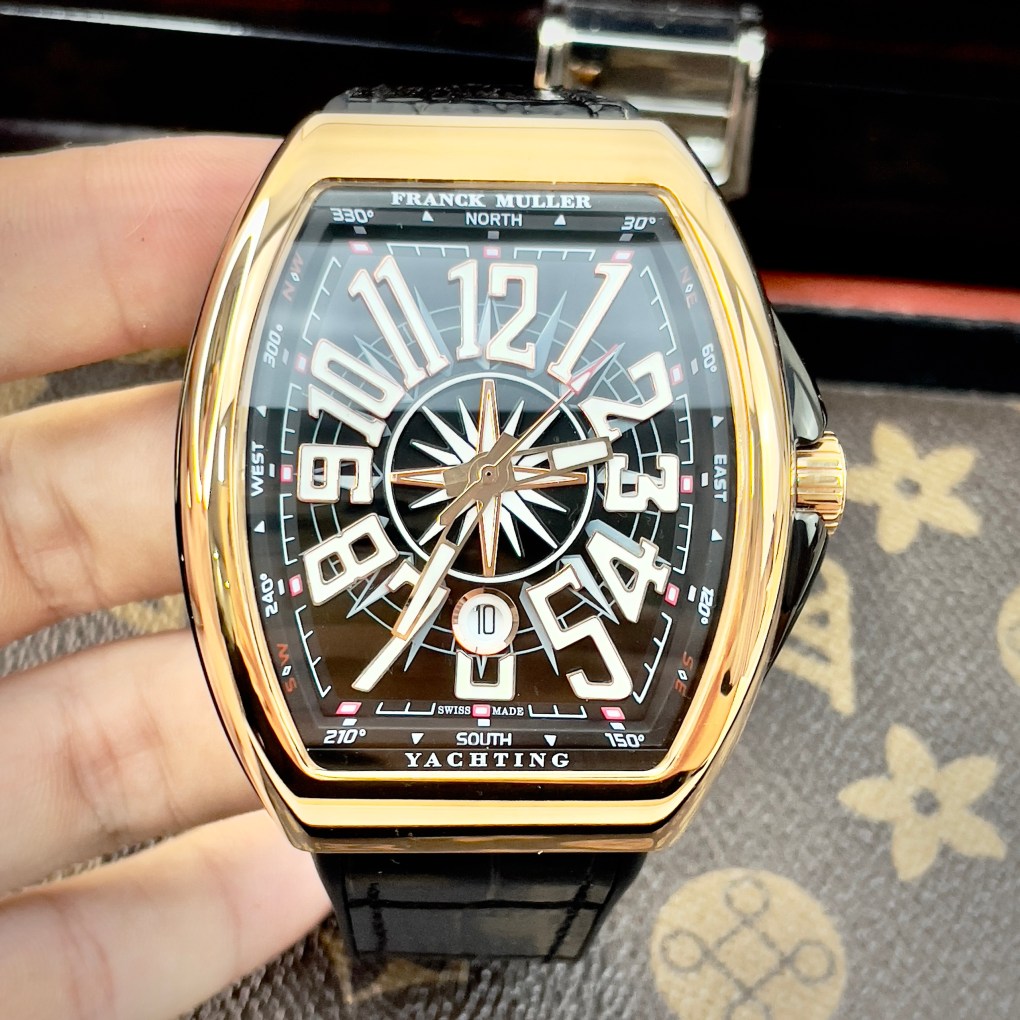 Đồng hồ Franck Muller V45 máy cơ Nhật màu đen vỏ vàng hồng 45mm 