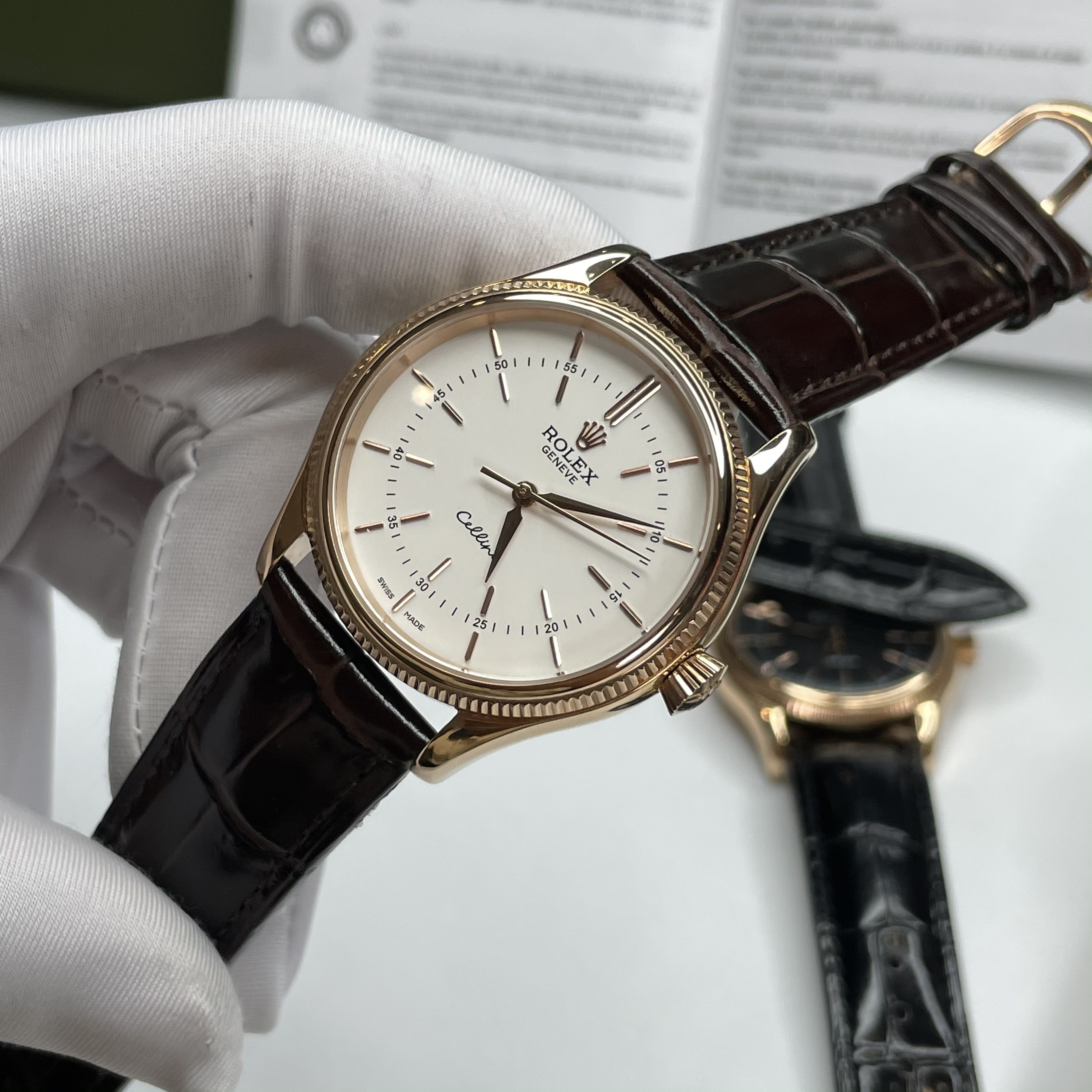 Đồng hồ Rolex Cellini nam Siêu Cấp dây da màu nâu vỏ vàng hồng 39mm
