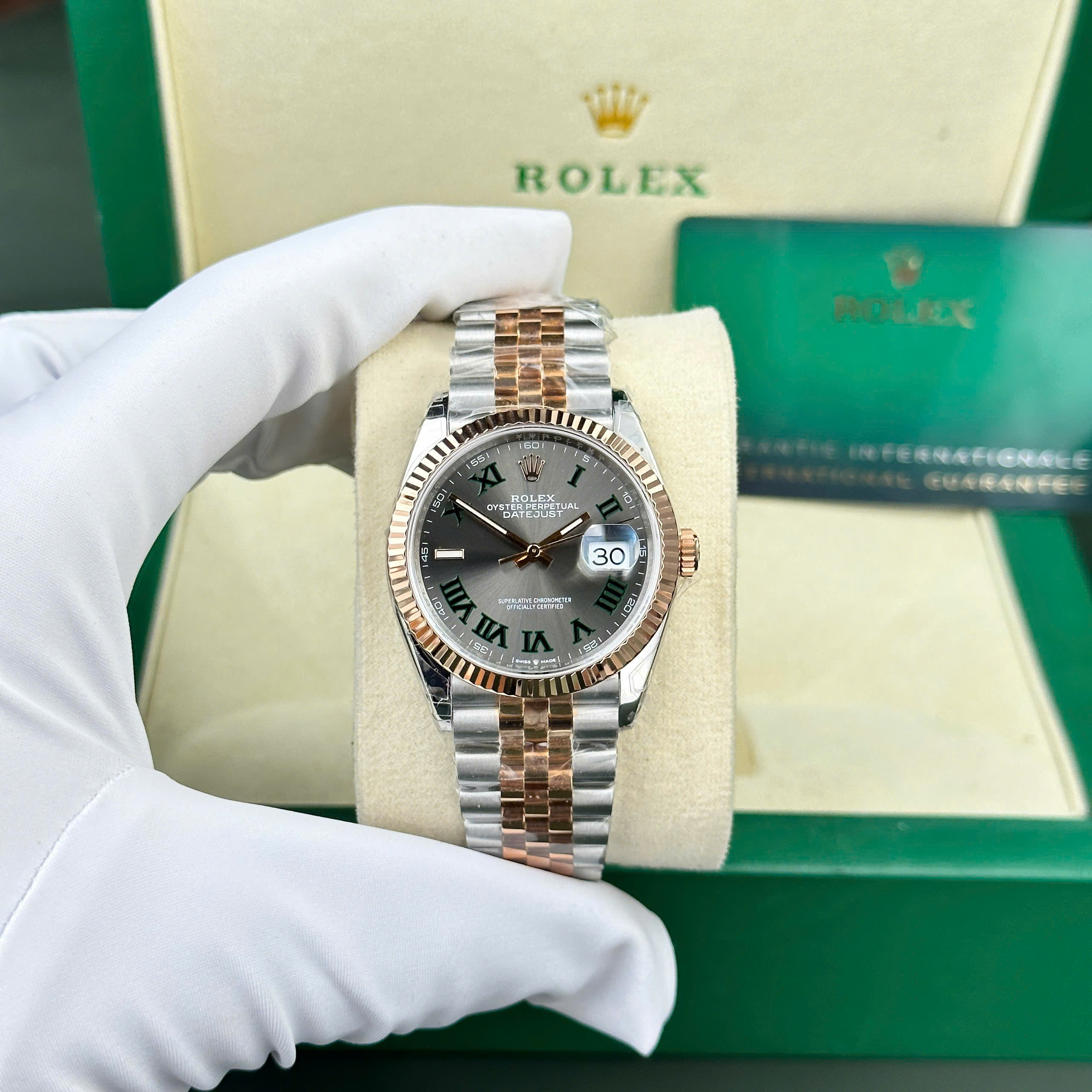Đồng hồ Rolex DateJust 126231 mặt số wimbledon màu demi vàng hồng nhà máy VS 36mm