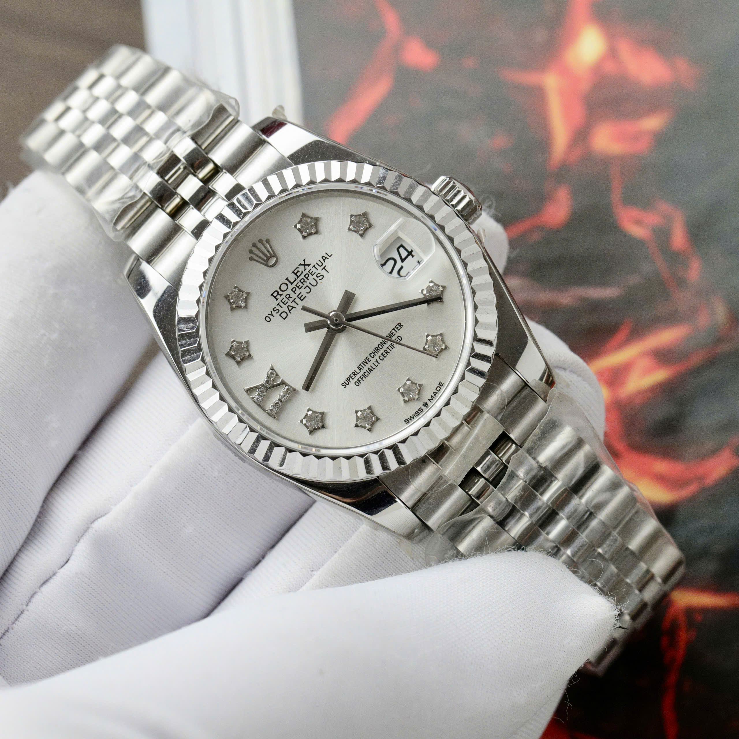 Đồng hồ Rolex DateJust Rep 11 cao cấp nữ mặt bạc cọc số hình ông sao 31mm