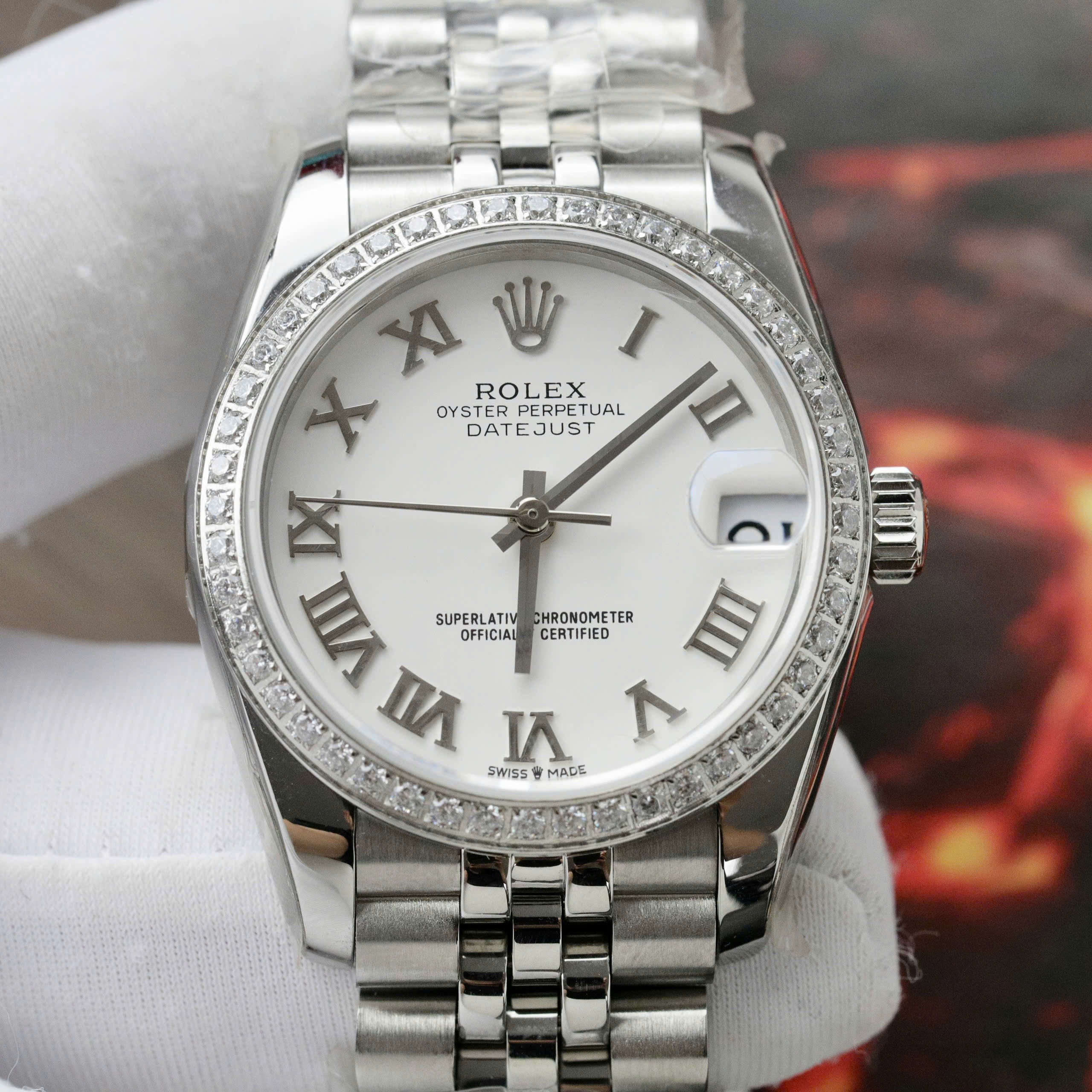 Đồng hồ Rolex DateJust Replica 11 nữ mặt trắng cọc số la mã 31mm