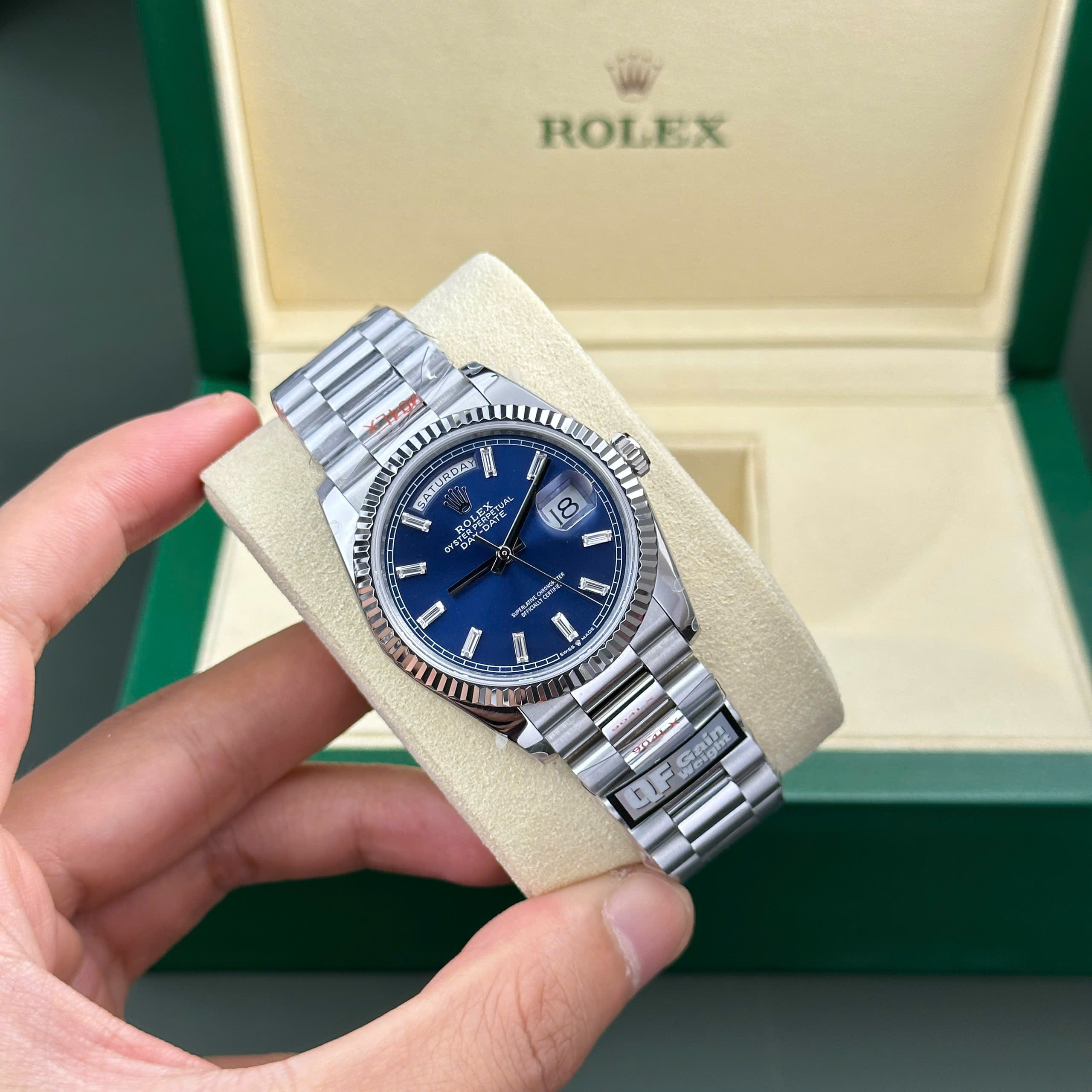 Đồng hồ Rolex Day-Date 128236 Replica 11 mặt xanh blue 158gram QF factory 36mm
