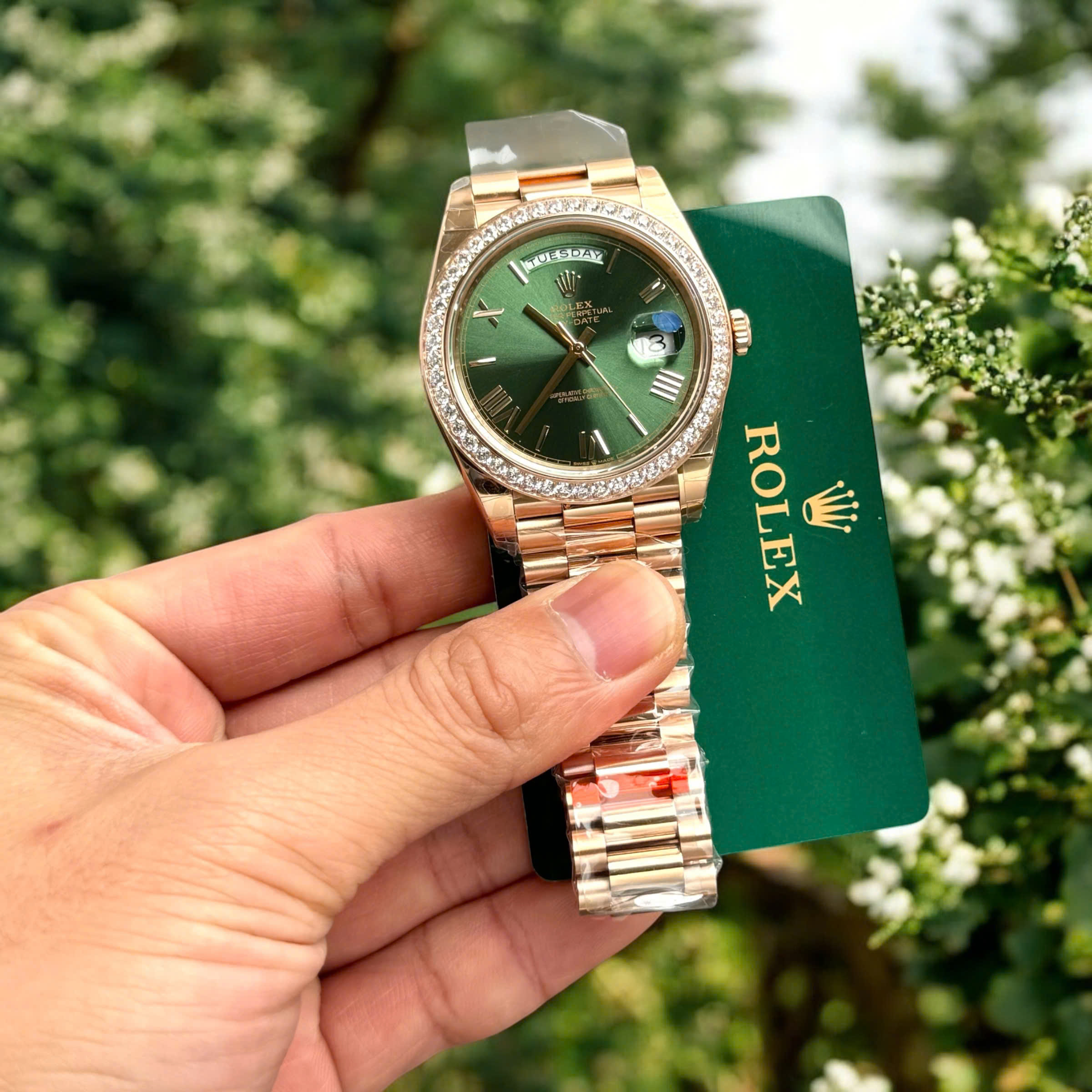Đồng hồ Rolex Day-Date Fake 11 mạ vàng hồng mặt xanh lá cây 40mm