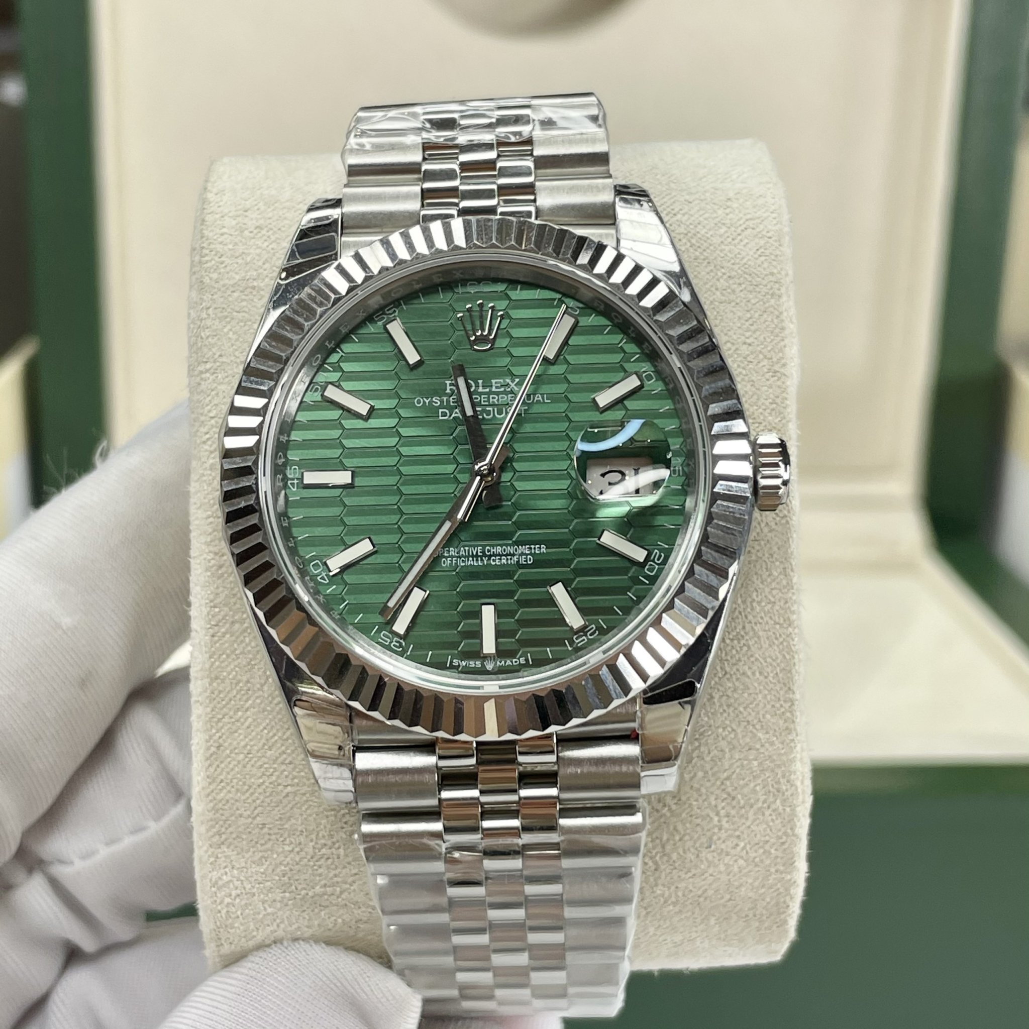 Đồng hồ Rolex DateJust nam máy cơ dây kim loại mặt vân gấp xanh green fake cao cấp 36/41mm