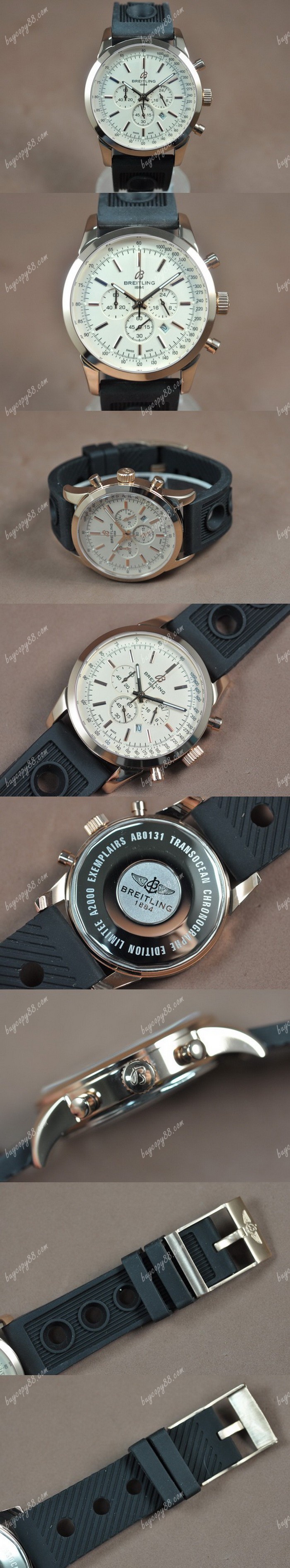 百年靈Breitling Transocean Chrono 玫瑰金/RU White dial Jap-OS20 石英錶0