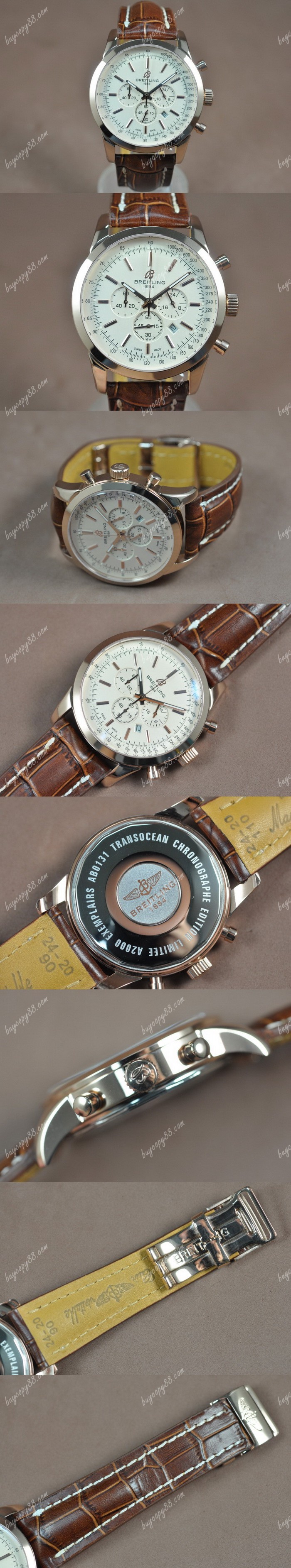  百年靈Breitling Transocean Chrono 玫瑰金/LE White dial Jap-OS20石英錶0