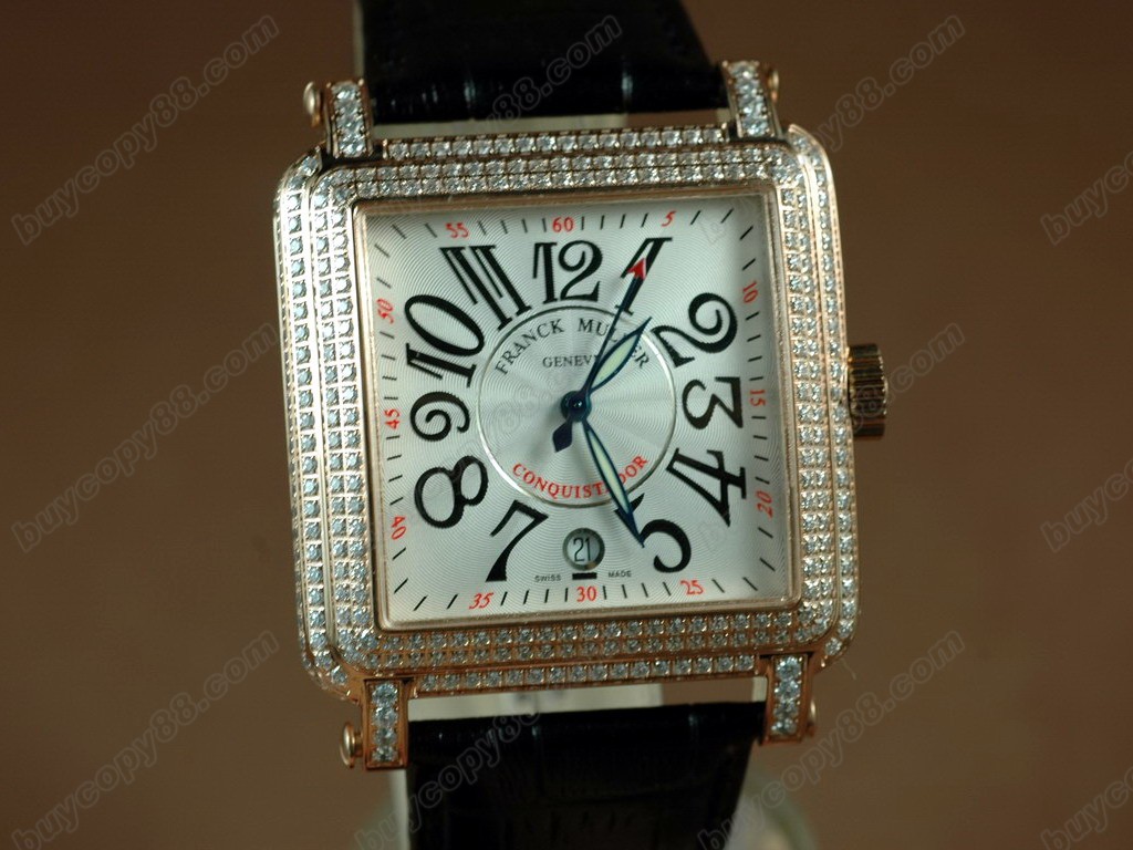 法蘭克穆勒【男性用】 Conquistador Bezel Diamond RG Case White Dial, Black Strap Japan 自動機芯搭載9