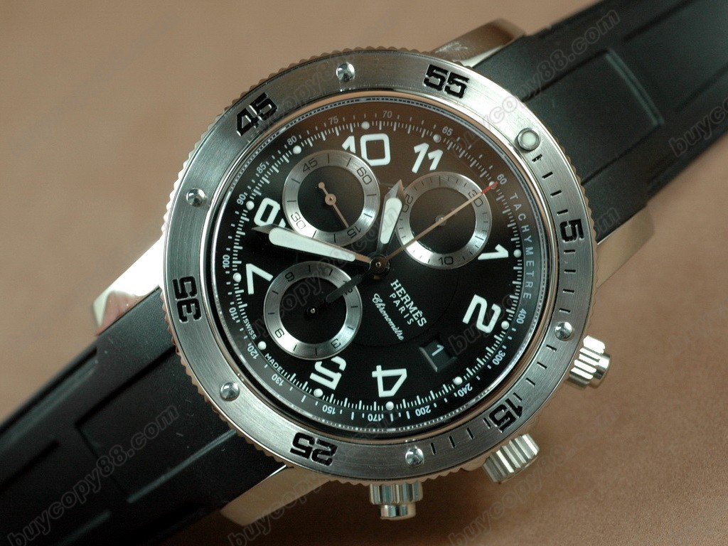 愛馬仕【男性用】 2008 Clipper Chronograph SS/RU Black A-7750 自動機芯搭載．振頻每小時 28,800 次　0