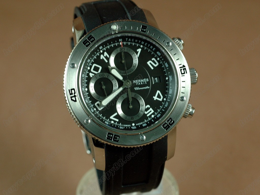 愛馬仕【男性用】 2008 Clipper Chronograph SS/RU Black A-7750 自動機芯搭載．振頻每小時 28,800 次　1