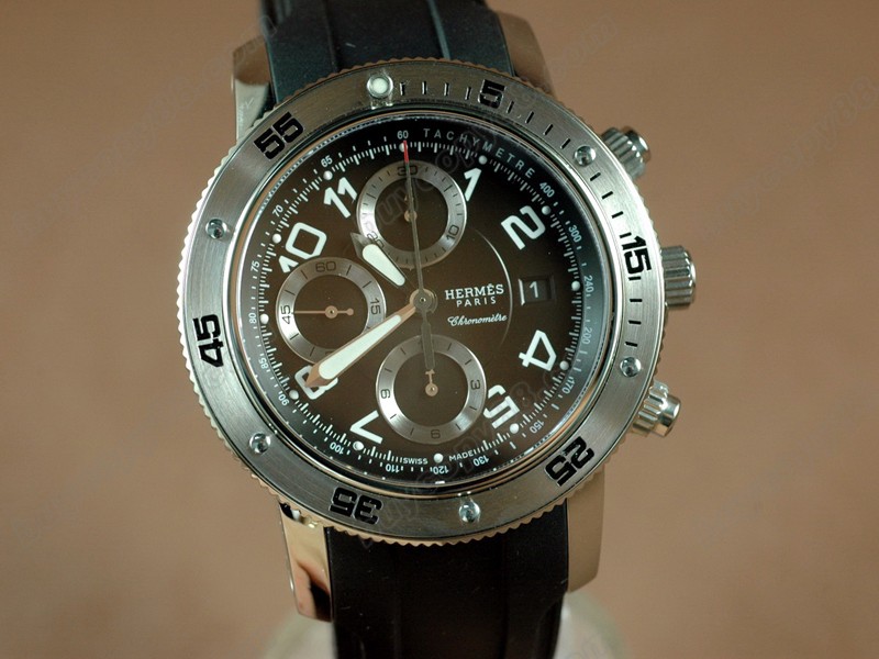 愛馬仕【男性用】 2008 Clipper Chronograph SS/RU Black A-7750 自動機芯搭載．振頻每小時 28,800 次　2