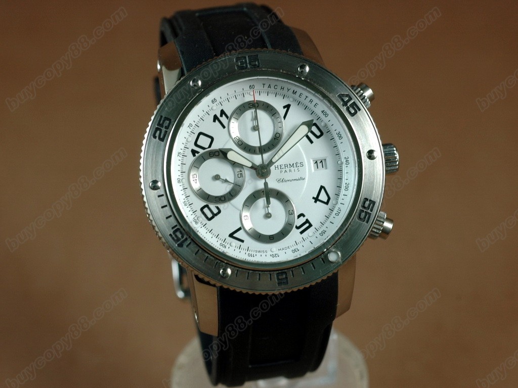 愛馬仕【男性用】2008 Clipper Chronograph SS/RU White A-7750自動機芯搭載．振頻每小時 28,800 次10