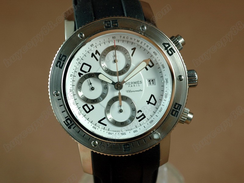 愛馬仕【男性用】2008 Clipper Chronograph SS/RU White A-7750自動機芯搭載．振頻每小時 28,800 次9