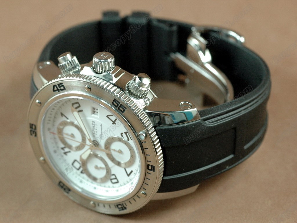 愛馬仕【男性用】2008 Clipper Chronograph SS/RU White A-7750自動機芯搭載．振頻每小時 28,800 次7