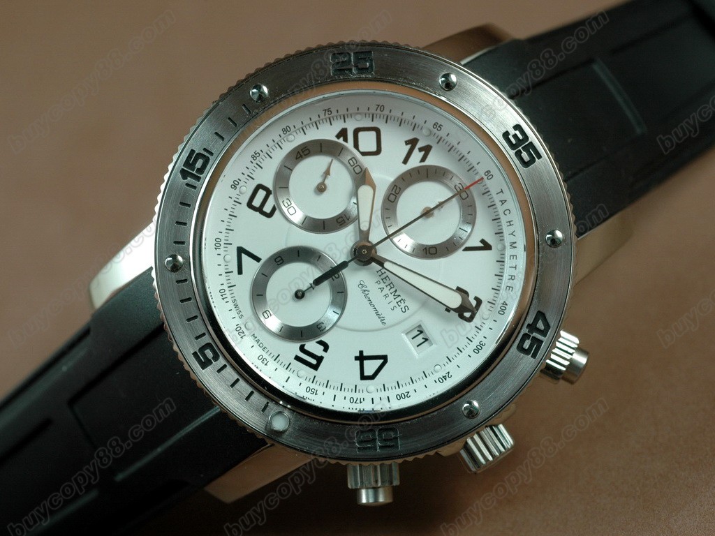 愛馬仕【男性用】2008 Clipper Chronograph SS/RU White A-7750自動機芯搭載．振頻每小時 28,800 次6