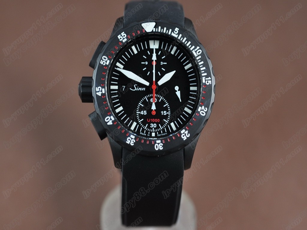 Sinn德製軍錶【男性用】U1000 Chrono PVD/RU Black Asia 7750自動機芯搭載． 振頻每小時 28,800 次0