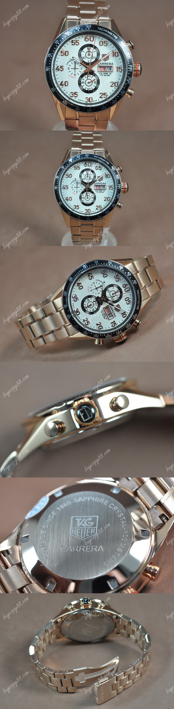  豪雅錶Tag Heuer Carrera 43mm Full 玫瑰金 White Dial Jap OS11石英錶0