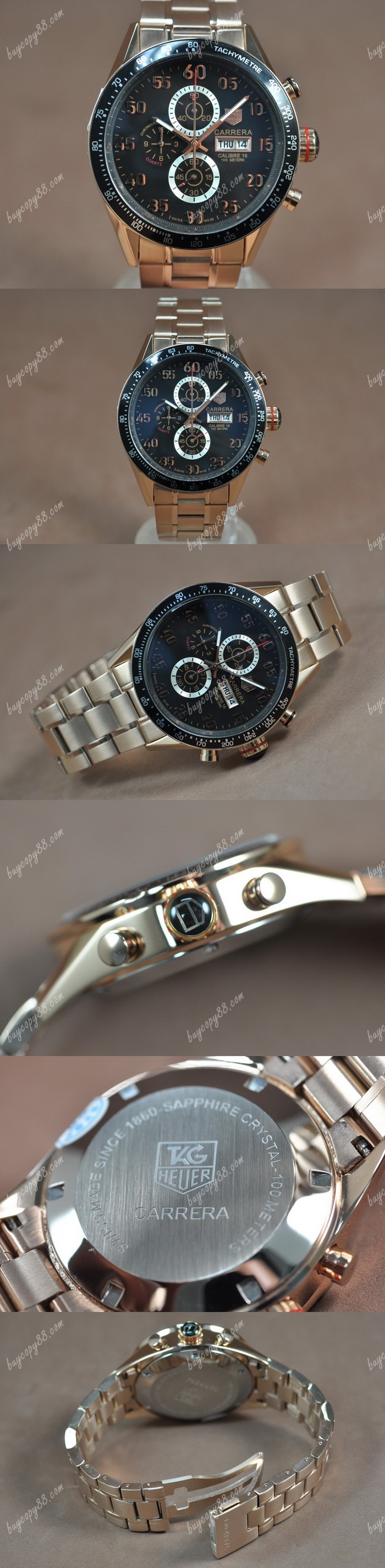  豪雅錶Tag Heuer Carrera 43mm Full 玫瑰金 Black Dial Jap OS11石英錶0