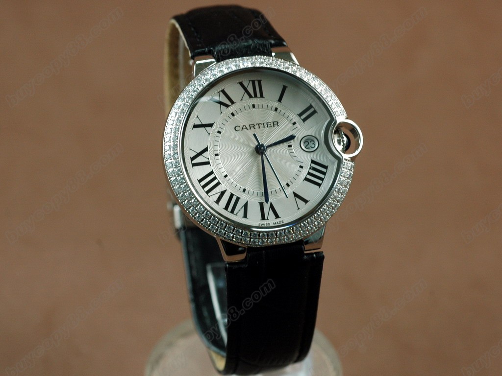 卡地亞【男性用】Ladies SS Case White Dial Black Strap Diamond swiss石英機芯搭載0