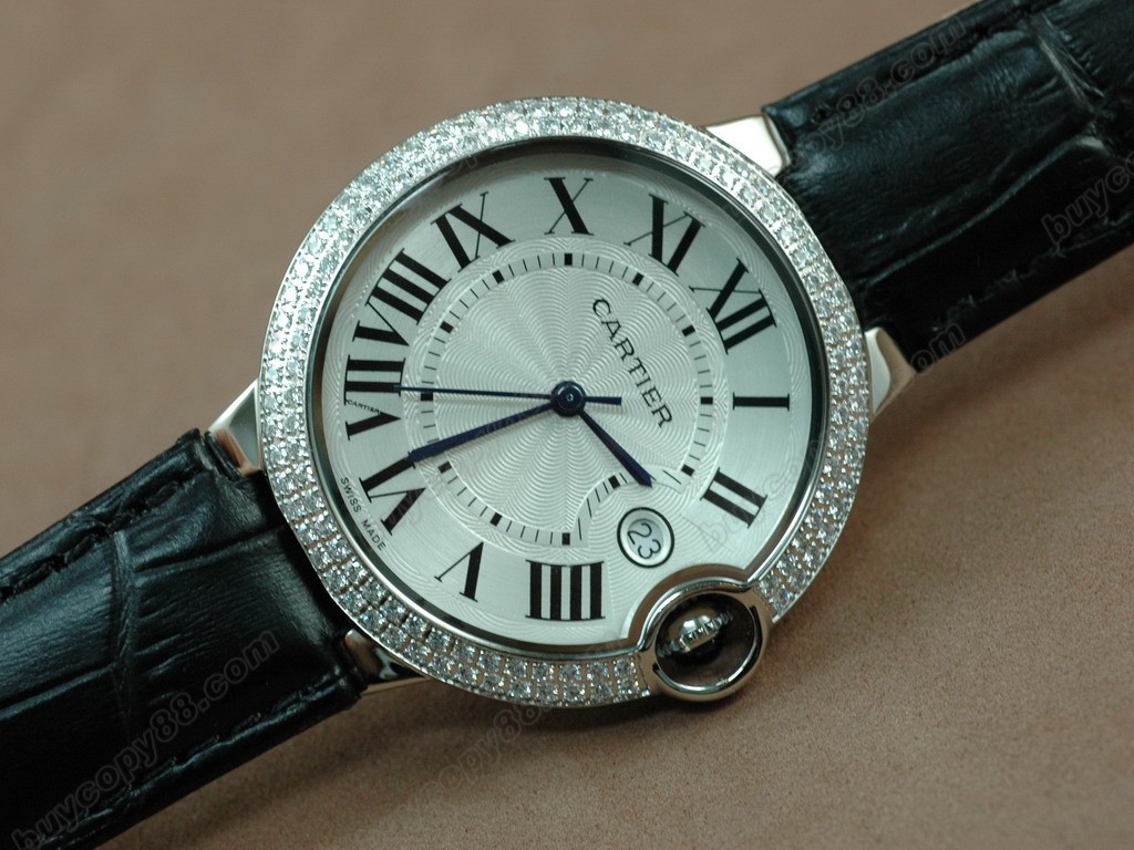 卡地亞【男性用】Ladies SS Case White Dial Black Strap Diamond swiss石英機芯搭載5