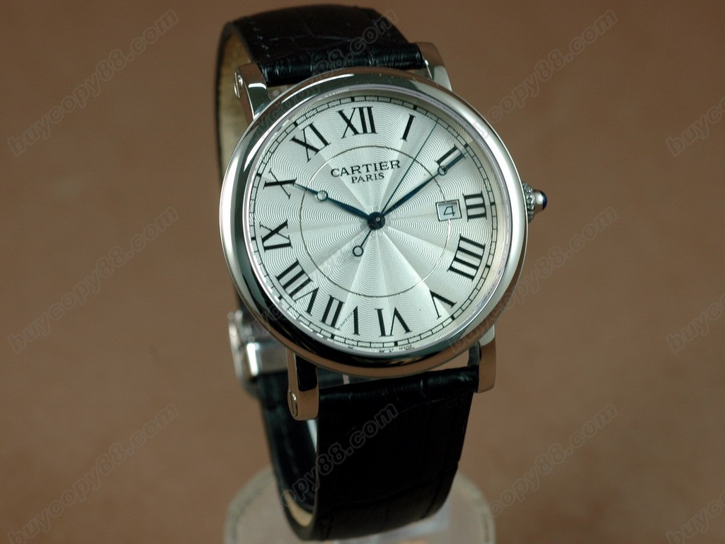 卡地亞【男性用】SS Case White Dial Black Strap Swiss Eta 2824-2自動機芯搭載10