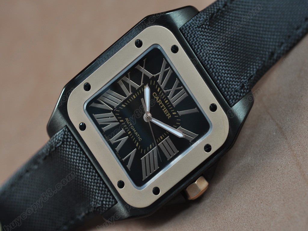 卡地亞 Santos 100 RG/PVD/NY Black Swiss Eta 2824-2 自動機芯搭載8