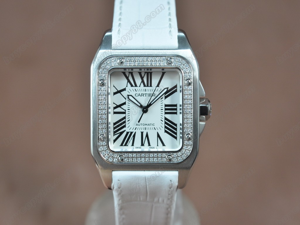 卡地亞【男性用】Santos SS/LE/Diam White dial Swiss Eta 2671-2 自動機芯搭載8