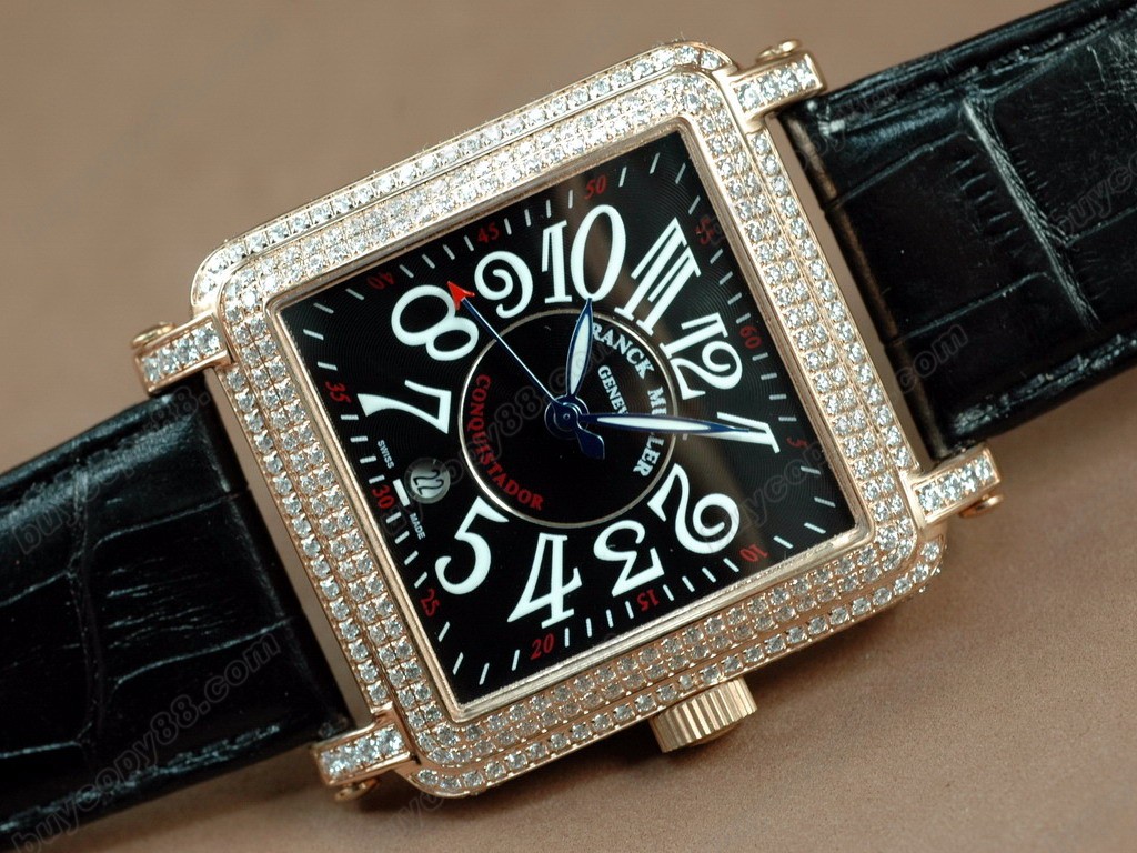 法蘭克穆勒【男性用】 Conquistador Bezel Diamond RG Case Black Dial, Black Strap Japan 石英機芯搭載9