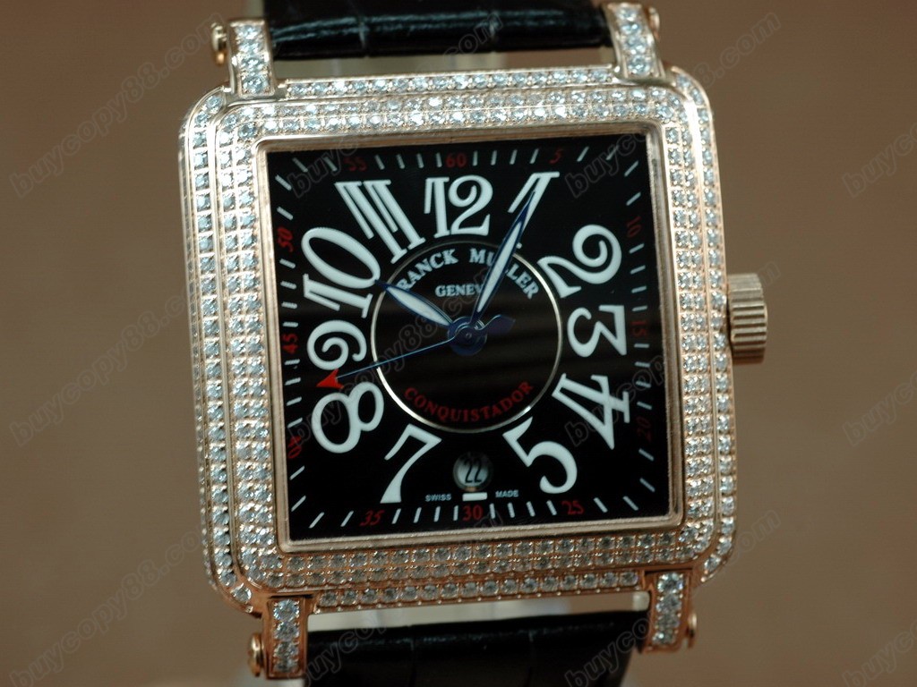 法蘭克穆勒【男性用】 Conquistador Bezel Diamond RG Case Black Dial, Black Strap Japan 石英機芯搭載2