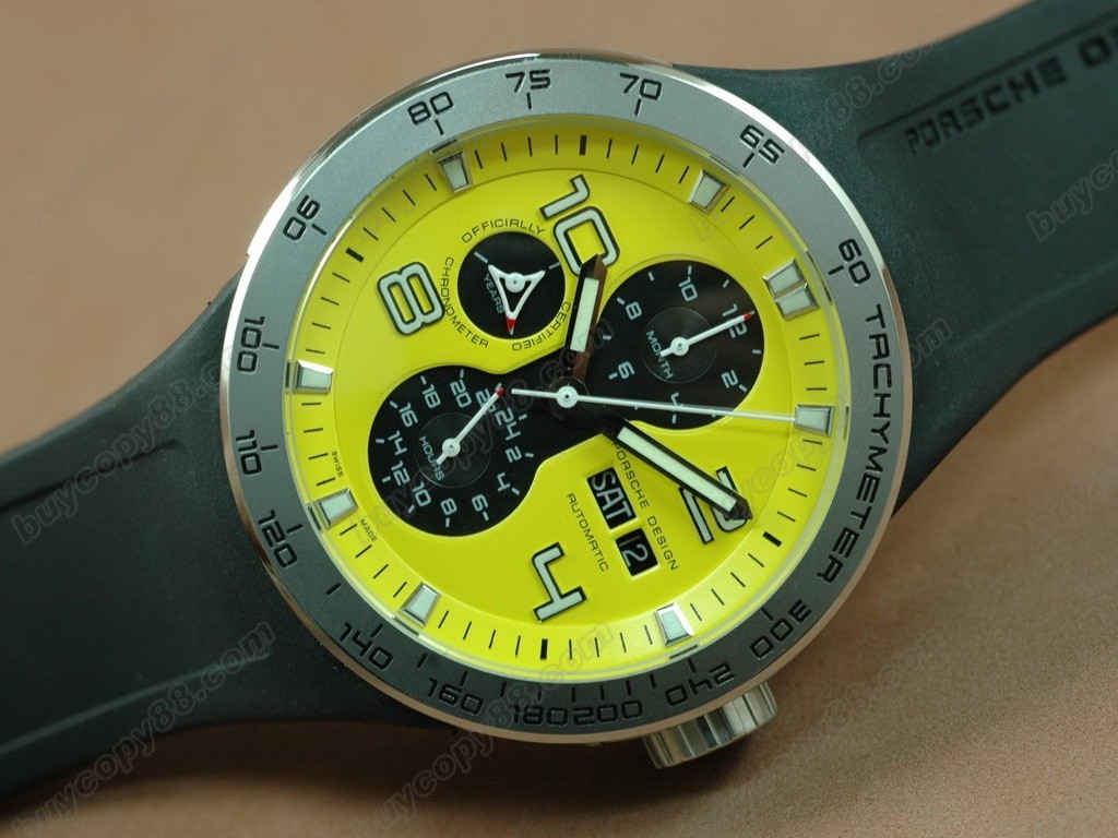 保時捷【男性用】 Flat 6 Working Chronograph PVD Case with Yellow Dial-Same Structure As 7750自動機芯搭載1