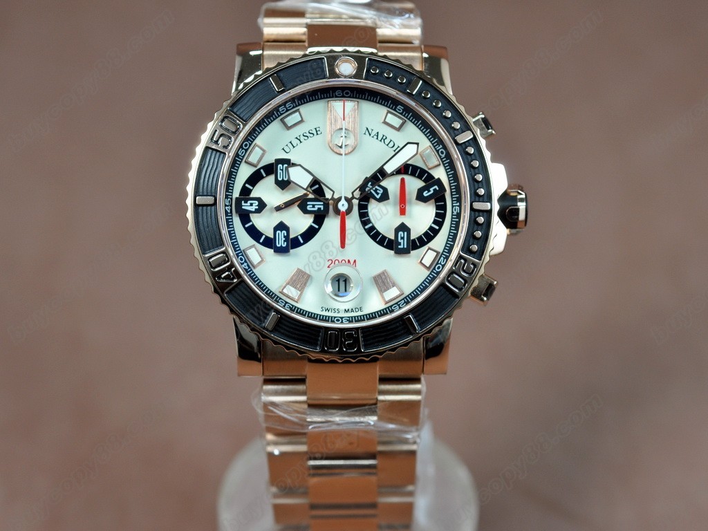 雅典錶 【男性用】Maxi Marine Chrono Blk RG/RG Wht A-7750 自動機芯搭載．振頻每小時 28,800 次0