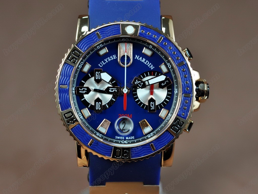 雅典錶 【男性用】 Maxi Marine Chrono Blue RG/RU Wht A-7750自動機芯搭載． 振頻每小時 28,800 次8